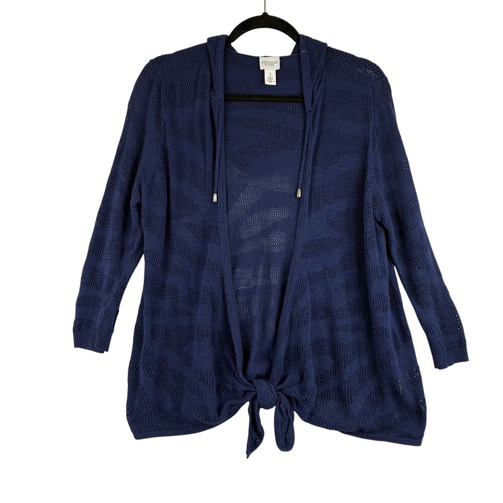 Weekends by Chico’s Open Knit Tie Front Cardigan Sweater Women’s 1/Medium Blue